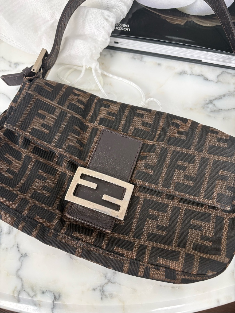 Vintage Fendi Brown Zucca Logo Canvas Shoulder Baguette Bag - Picture 2 of 14